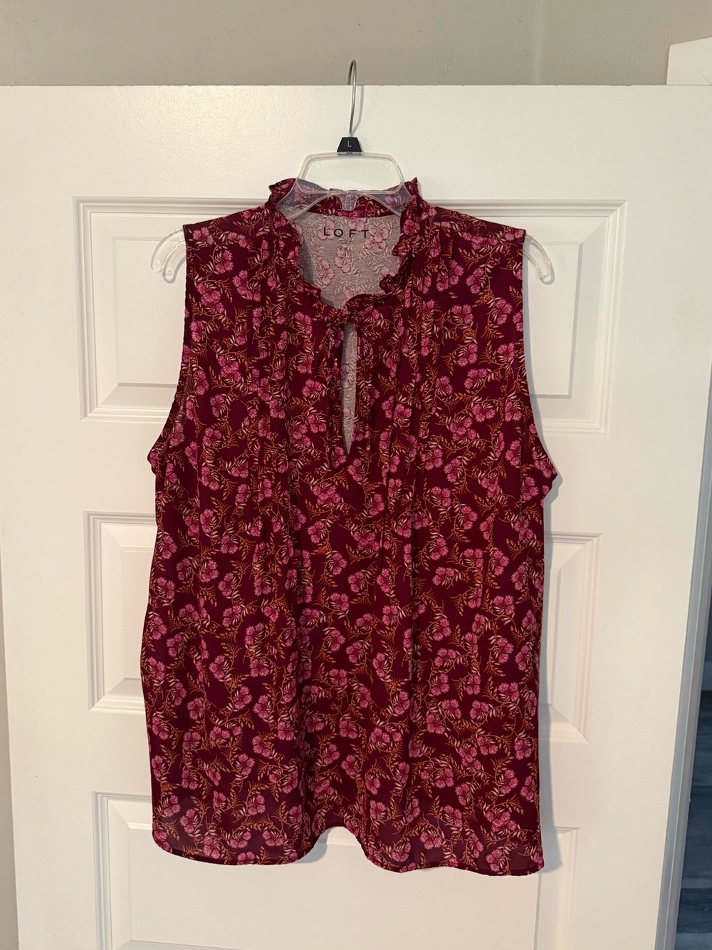 LOFT Burgundy Floral Ruffle Tie Neck Sleeveless Blouse
